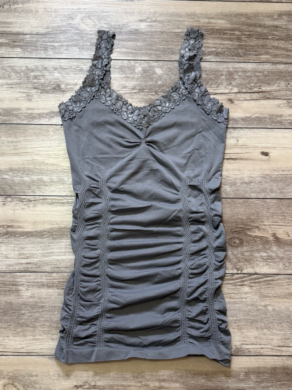 Kismet Gray Lace Strap Ruched Tank Top